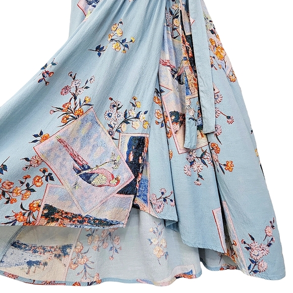 Maeve by Anthropologie Blue Rosalia Postcard  Cap Sleeve Faux Wrap Dress - Picture 8 of 14